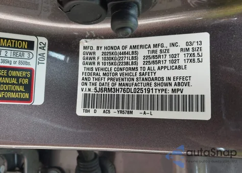 2013 Honda Cr-V Ex-L z USA, uszkodzony, nr VIN 5J6RM3H76DL025191